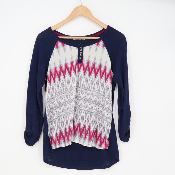 Rewind Tops - Rewind Womens Navy Blue Pink Geometric Chevron Henley Mixed Media Top M